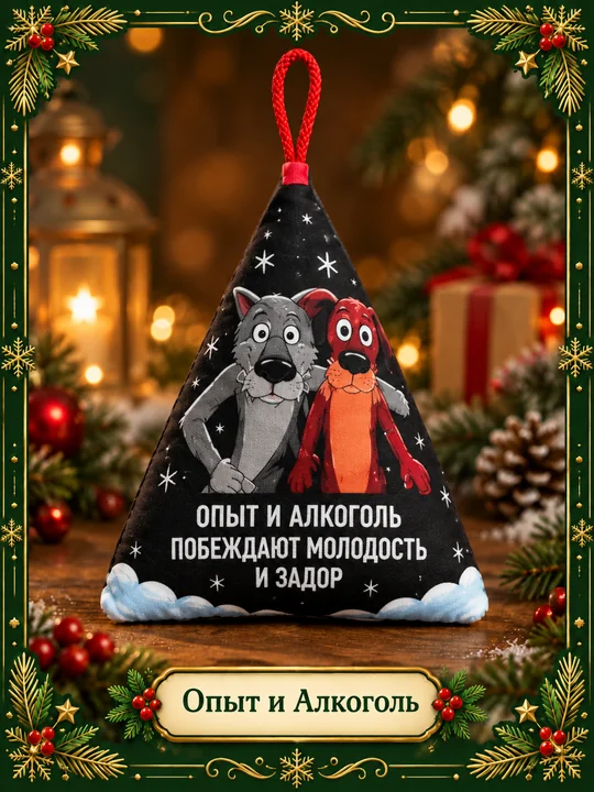 Мягкая новогодняя игрушка «Опыт и Алкоголь» - треугольная подвеска с праздничным рисунком